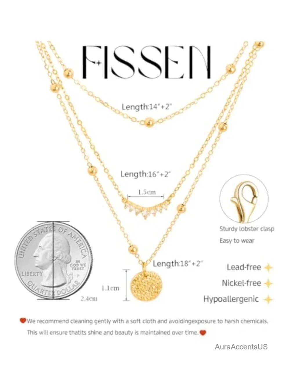 14K Gold Plated 3-Layer Dainty Necklace Set Cuban Herringbone Chain Adjustable